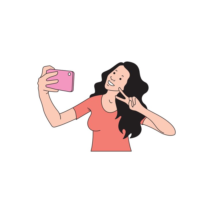 Vetor mulher de cabelos compridos tirando uma selfie na frente de uma câmera de celular