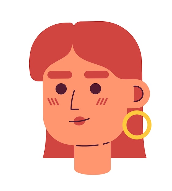 Mulher de cabelos vermelhos cabeça de personagem vetorial semi-plano ícone de avatar de desenho animado editável empresária com brincos dourados emoção facial ilustração spot colorida para animação de design gráfico da web