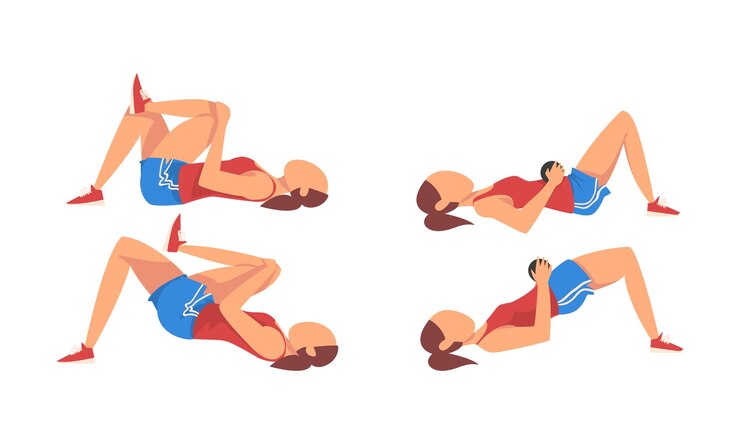 Vetor mulher de calções curtos fazendo exercícios esportivos e exercícios de força executando o vector de crunch abdominal
