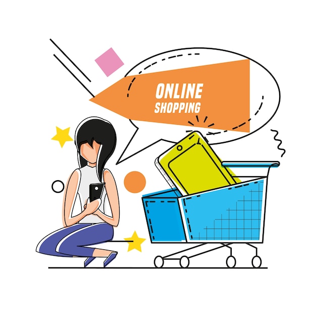 mulher de caráter com ícones on-line de compras