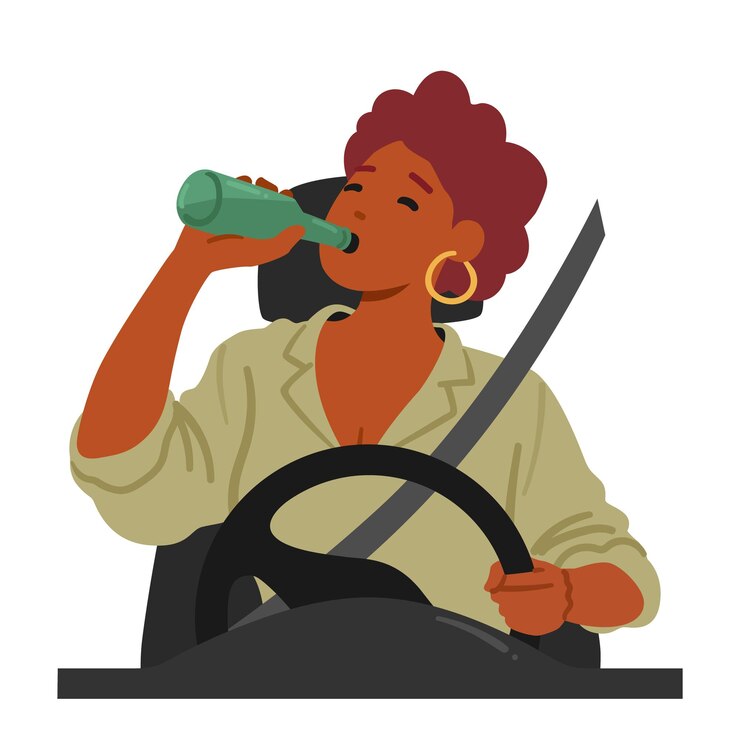 Vetor mulher de comportamento perigoso arriscando vidas ao beber álcool enquanto dirige, colocando em risco a si mesma e aos outros na estrada