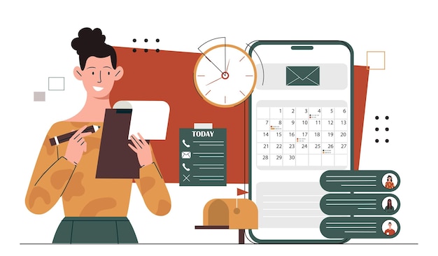 Mulher de conceito de registro de clientes com caderno e caneta escrever lista de clientes planejamento e agendamento