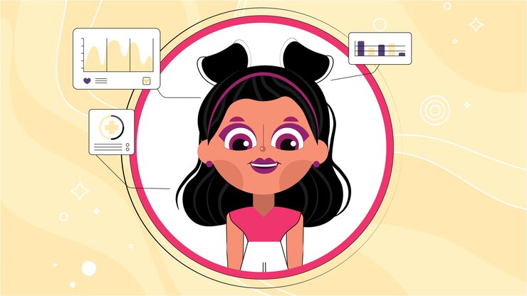 Vetor mulher de desenho animado em uma interface de círculo inspirada na tecnologia com métricas de saúde exibidas conceito de digital