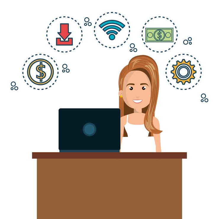 Vetor mulher de desenho animado na mídia de mesa e computador portátil