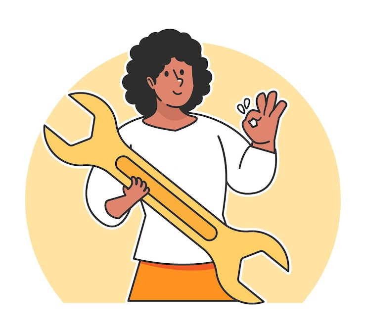 Vetor mulher de desenho animado segurando uma chave inglesa