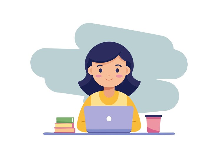 Mulher de desenho animado trabalhando em laptop Ilustração de trabalho remoto bonita