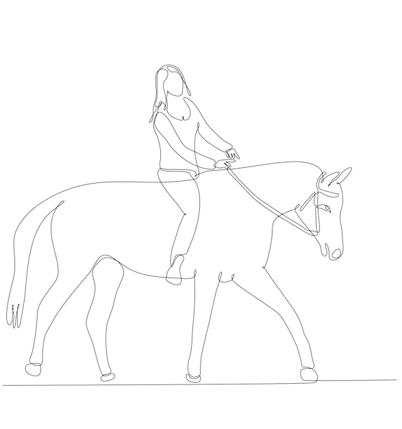 Mulher de desenho de linha contínua andando a cavalo