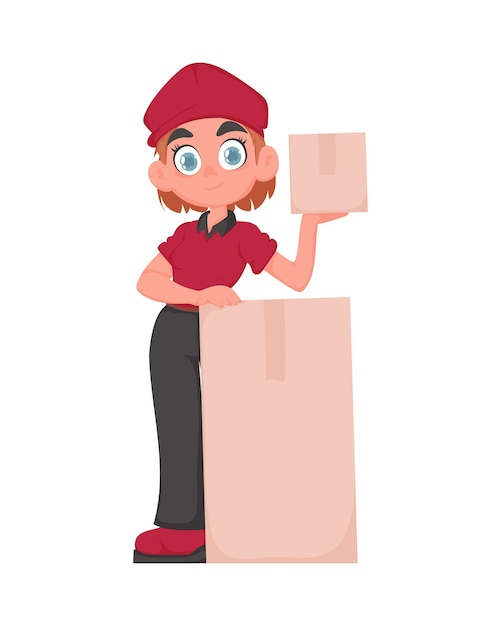 Mulher de entrega sorridente em uniforme vermelho segurando uma caixa de papel garota bonita entregando mercadorias em estilo de desenho animado vetorial