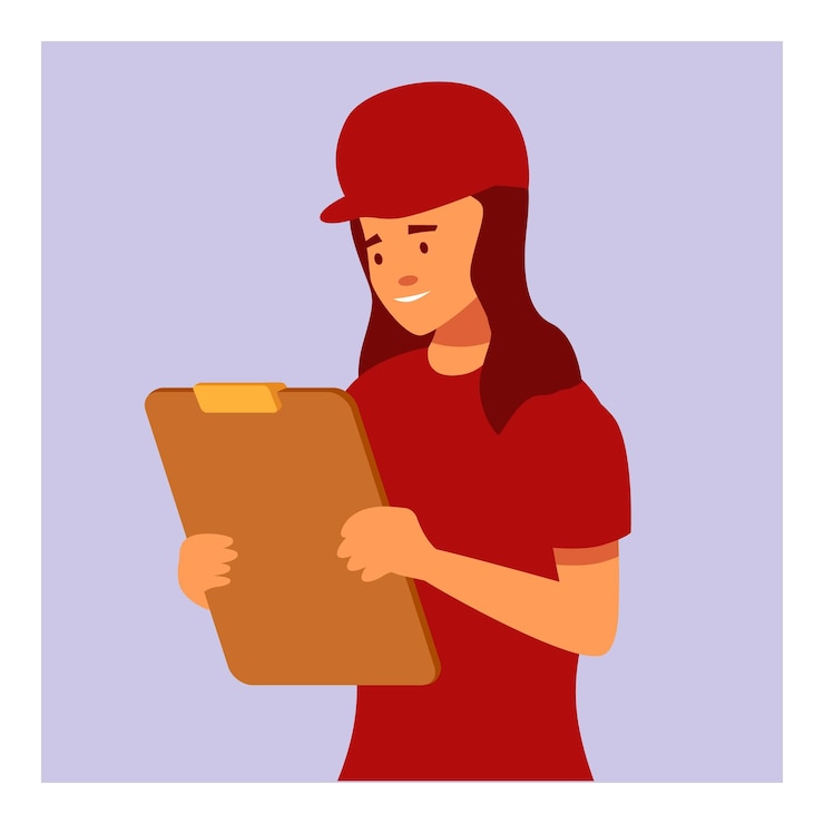 Vetor mulher de entrega verificando a caixinha com um uniforme vermelho e boné sorridente retrato de mulher de entrega