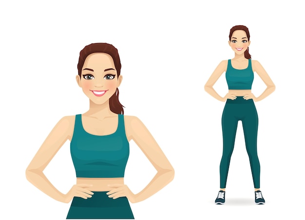 Mulher de fitness esportiva em roupas esportivas em pé ilustração vetorial isolada