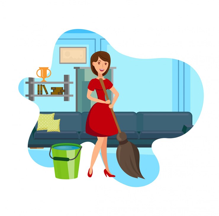 Vetor mulher de limpeza apartamento ilustração vetorial plana