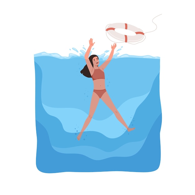 Mulher de maiô afundando debaixo d'água, pegando boia salva-vidas com as mãos para sobreviver em acidente. Pessoa em perigo, afogando-se no mar. Ilustração em vetor plana de vítima nadador isolada no fundo branco.
