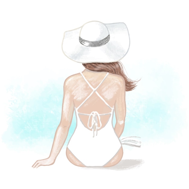 Mulher de maiô branco na praia. Mão ilustrações desenhadas.