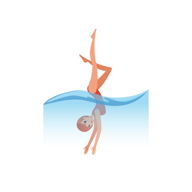 Vetor mulher de maiô vermelho mergulhando na ilustração vetorial de atividade de esporte aquático de água em um fundo branco
