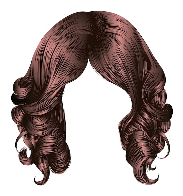 Mulher de moda com cabelos compridos e enrolados, peruca, cores castanhas escuras, beleza, moda, 3D realista.