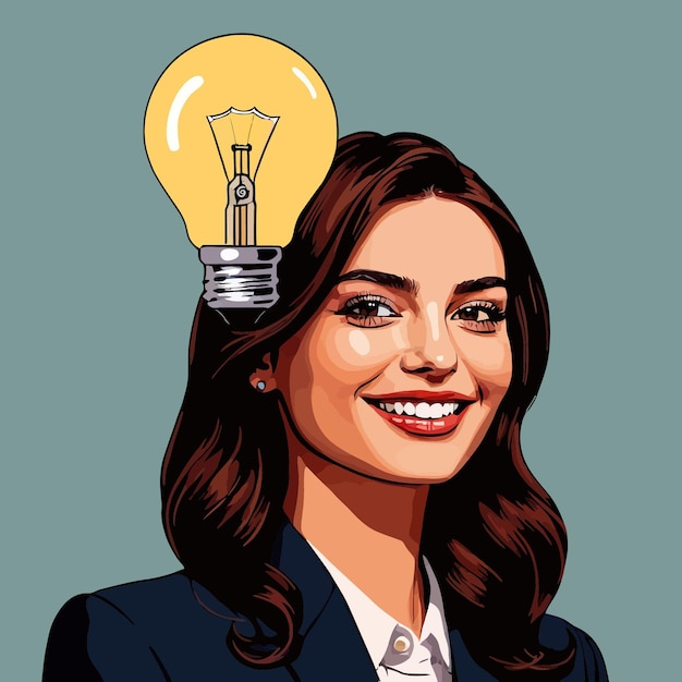 Mulher de negócios com lâmpada na cabeça mostrando ideias inspiradoras e ilustração vetorial de criatividade