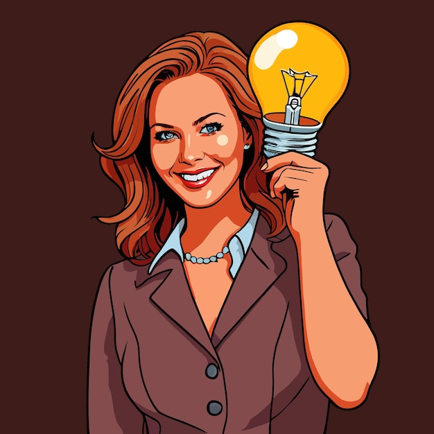 Vetor mulher de negócios com lâmpada na cabeça mostrando ideias inspiradoras e ilustração vetorial de criatividade