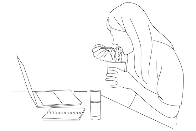 Mulher de negócios comendo macarrão instantâneo enquanto trabalhava no laptop estilo de desenho de arte oneline