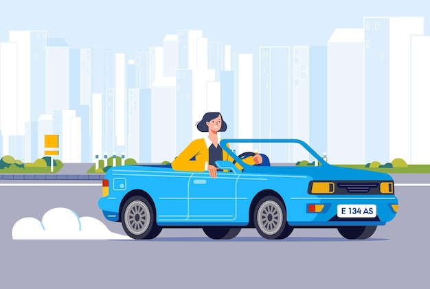 Mulher de negócios dirigindo um carro cabriolet na estrada através do subúrbio ao longo de edifícios da paisagem urbana
