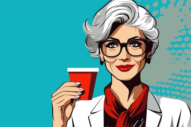 Mulher de negócios em copos bebendo café Pop art retro Desenho de ilustração vetorial