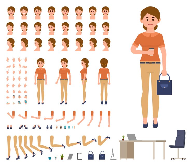 Vetor mulher de negócios em um conjunto de criação de personagem de aparência de escritório casual