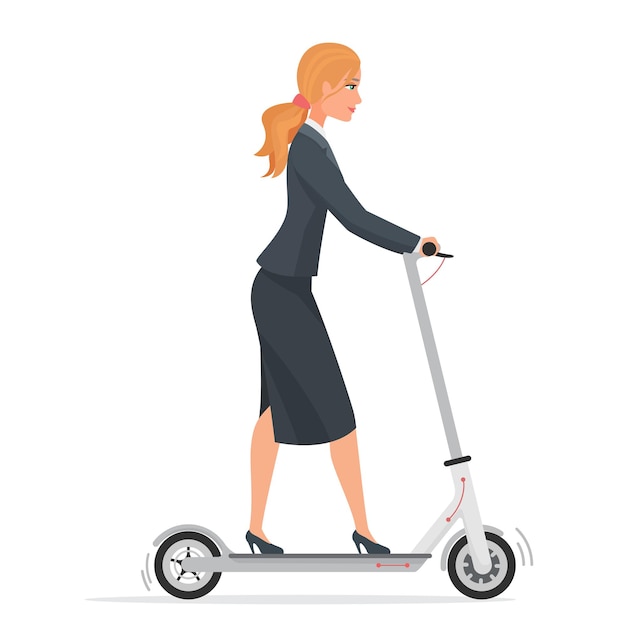 Vetor mulher de negócios em um terno formal usando veículo urbano de scooter elétrico isolado