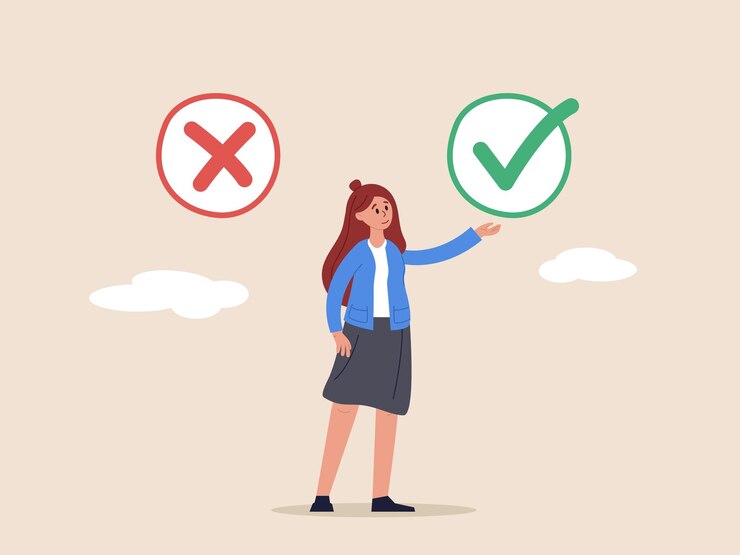 Mulher de negócios escolhe sim caixas de verificação seleção homem de negócios e caixa vermelha sim