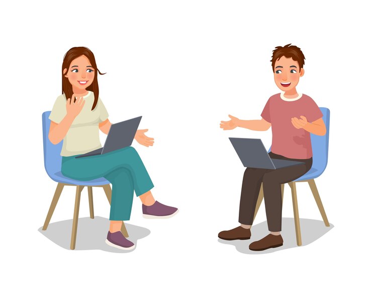 Vetor mulher de negócios falando com um jovem com laptop tendo uma discussão de reunião ou consultando sobre o trabalho