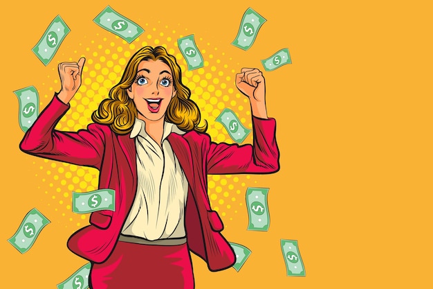 Mulher de negócios feliz com o vencedor do dinheiro finanças lucro pop art comic estilo