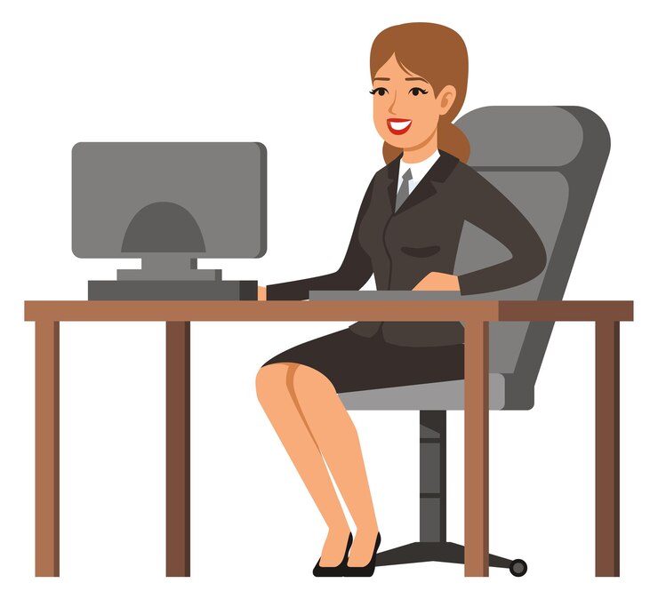 Vetor mulher de negócios feliz no local de trabalho mulher de terno sentada na mesa