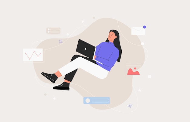 Mulher de negócios, gerente de smm, programadora, sente-se no infográfico e trabalhe no laptop. freelancer atuando em web e desenvolvimento de aplicativos em informática. desenvolvedores de software. ilustração em vetor estilo simples.