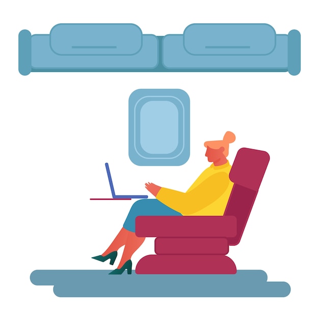 Mulher de negócios jovem em terno formal, sentar-se no assento confortável do avião, trabalhando no laptop.