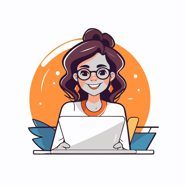 Vetor mulher de negócios jovem sorridente trabalhando em um laptop ilustração vetorial em estilo plano