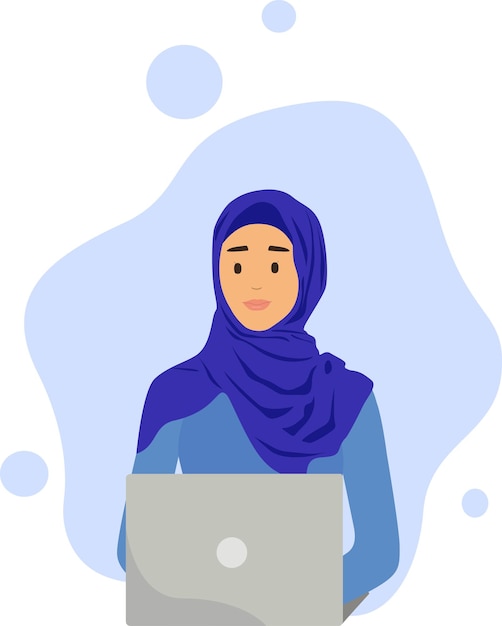 Vetor mulher de negócios muçulmana em hijab segurando um laptop. uma jovem árabe senta-se em uma cadeira confortável em um