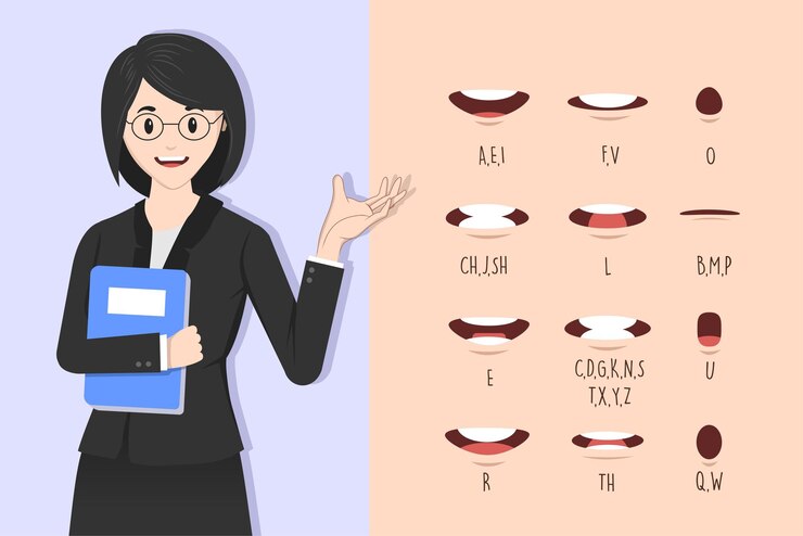 mulher de negócios posando com coleção de sincronização labial para animação. gráfico de fonema de animação de boca feminina