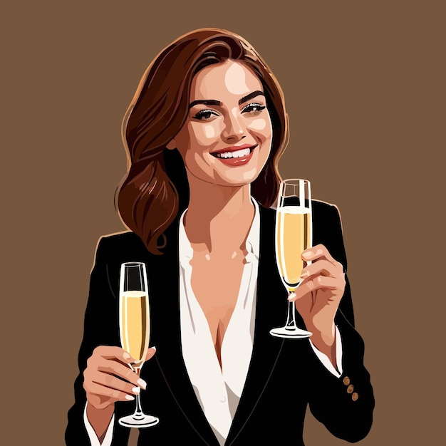 Vetor mulher de negócios segurando champanhe brindando com a ilustração vetorial do sucesso