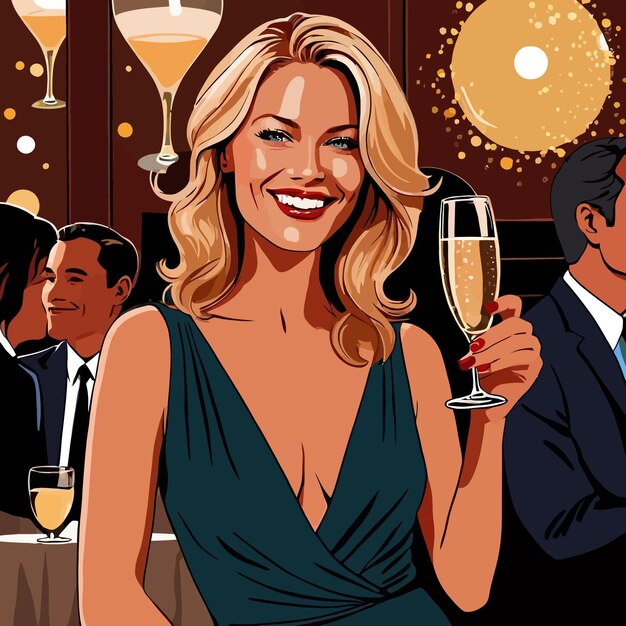 Mulher de negócios segurando champanhe brindando com a ilustração vetorial do sucesso