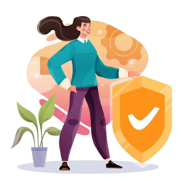 Vetor mulher de negócios segurando escudo dourado seguro proteção contra perigos conceito de segurança