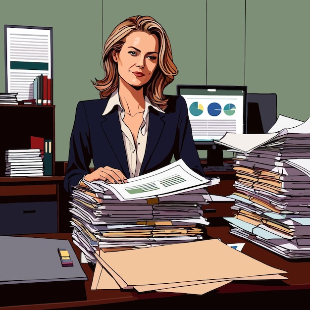 Vetor mulher de negócios sobrecarregada de trabalho no escritório enterrada em papelada ilustração vetorial