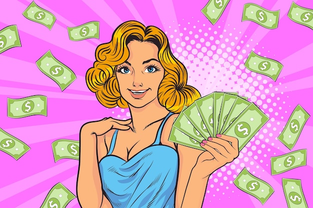 Mulher de negócios surpresa bem-sucedida e chocante com falling money wow omg pop art estilo cômico retrô