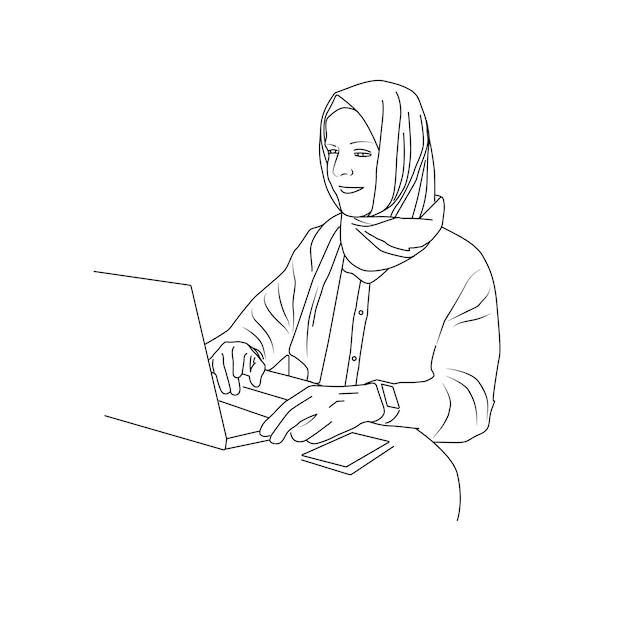 Mulher de negócios trabalhando em artes de linha de vetor de tablet.