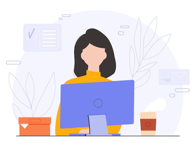 Mulher de negócios trabalhando em secretária de computador Ilustração de escritório em apartamento