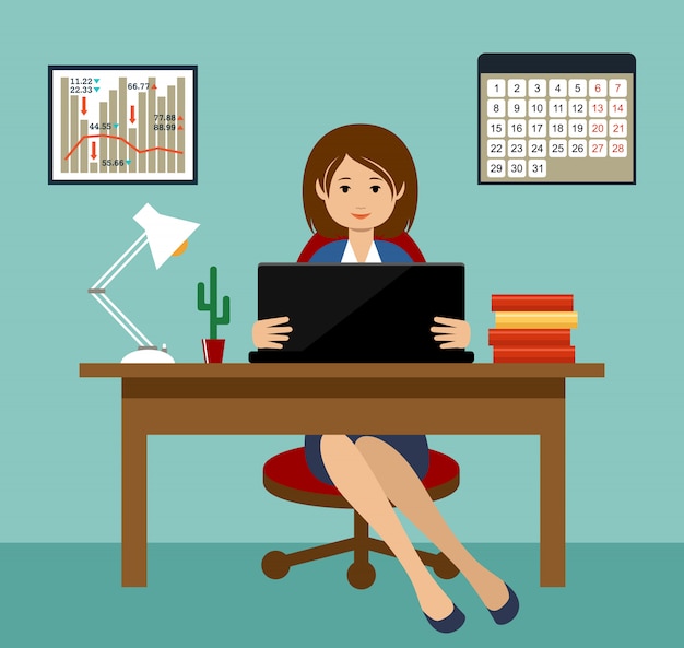 Vetor mulher de negócios, trabalhando em um desktop. escritório