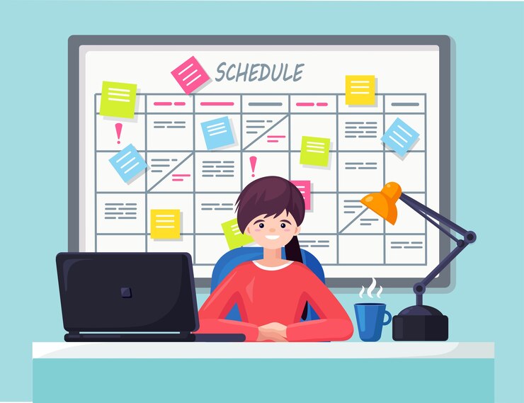 Vetor mulher de negócios, trabalhando na mesa de planejamento de programação no conceito de quadro de tarefas. planejador, calendário no quadro branco. lista de eventos para funcionário. trabalho em equipe, colaboração, gerenciamento de tempo.
