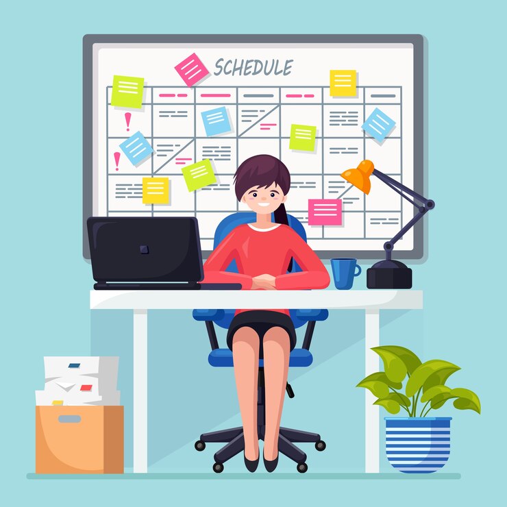 Vetor mulher de negócios, trabalhando na mesa planejando o cronograma no conceito do quadro de tarefas. planejador, calendário no quadro branco. lista de eventos para funcionário