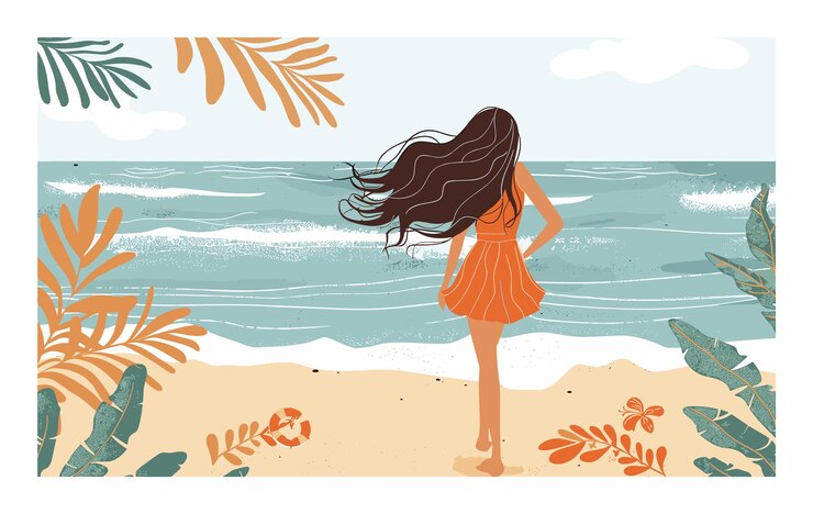 Mulher de pé na praia olhando para o vento do mar cabelo longo ambiente tropical figura feminina gosta de sereno