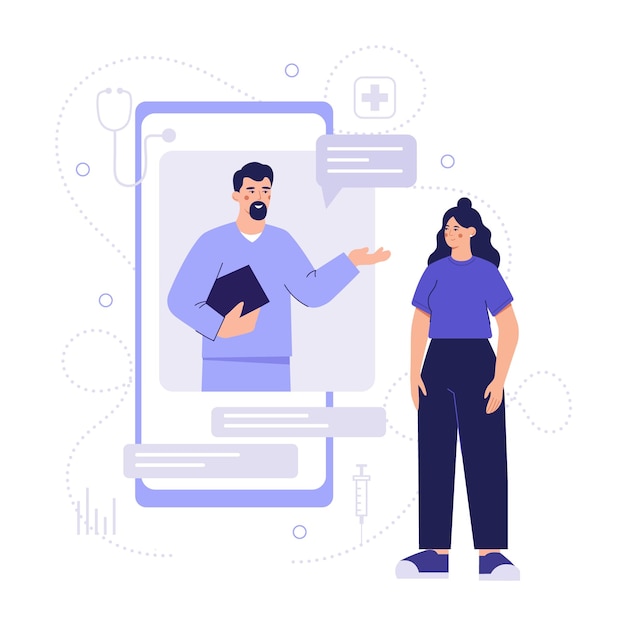 Mulher de pé perto de uma grande tela móvel e conversando com um médico homem Tempo para fazer o tratamento de pacientes on-line Consulta médica remota via Internet Ilustração plana vetorial em cores azuis