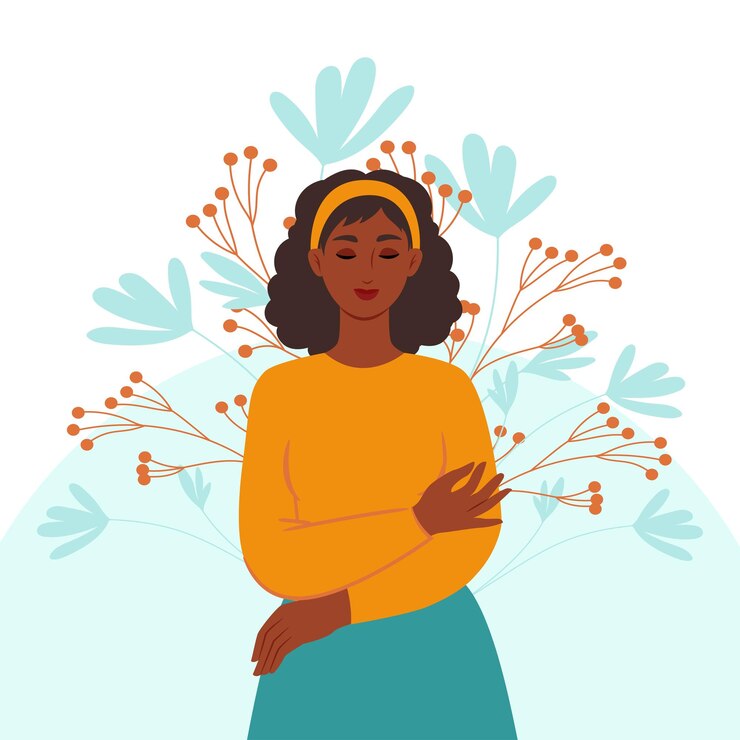 Vetor mulher de pele negra abraça a si mesma conceito de saúde psicológica e ilustração vetorial de amor próprio