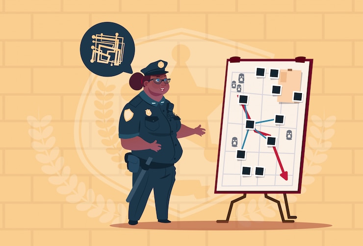 Vetor mulher de polícia americana africano, planejamento de ação no quadro branco vestindo uniforme feminino guarda no fundo de tijolos azuis