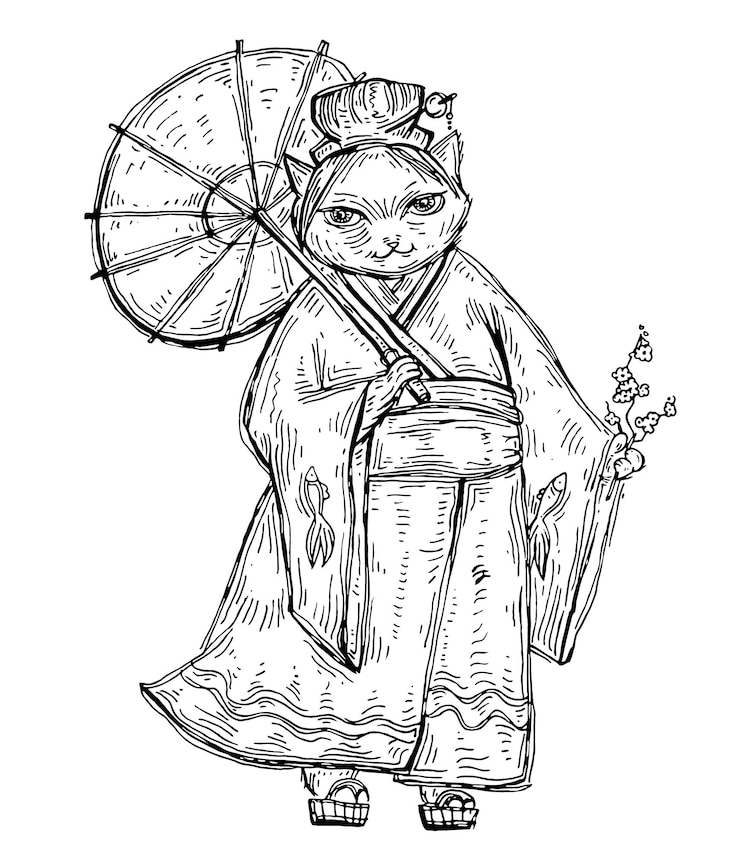 Vetor mulher de quimono com guarda-chuva. ilustração dos desenhos animados de cor plana.